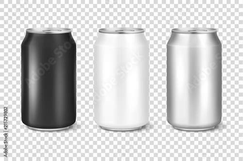 Vector realistic 3d empty glossy metal white, black and silver aluminium beer pack or can set visual 330ml. Can be used for lager, alcohol, soft drink, soda, fizzy pop, lemonade, cola, energy drink