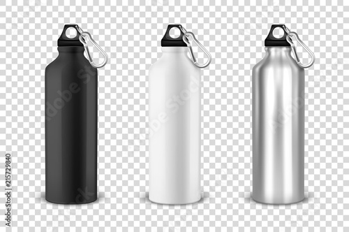 Vector realistic 3d black, white and silver empty glossy metal water bottle with black bung icon set closeup on transparency grid background. Design template of packaging mockup for graphics. Front photo