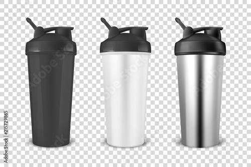 Vector realistic 3d black, white and silver empty glossy metal shaker for sports nutrition icon set closeup on transparency grid background. Design template of packaging mockup for graphics. Front