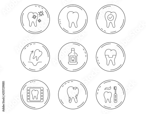 Tooth, dental crown and mouthwash icons. Caries.