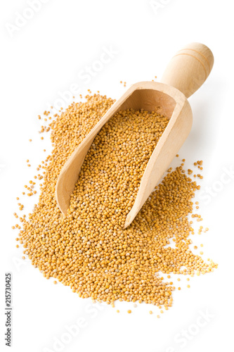 Heap of raw, unprocessed mustard seed kernels in wooden scoop on white