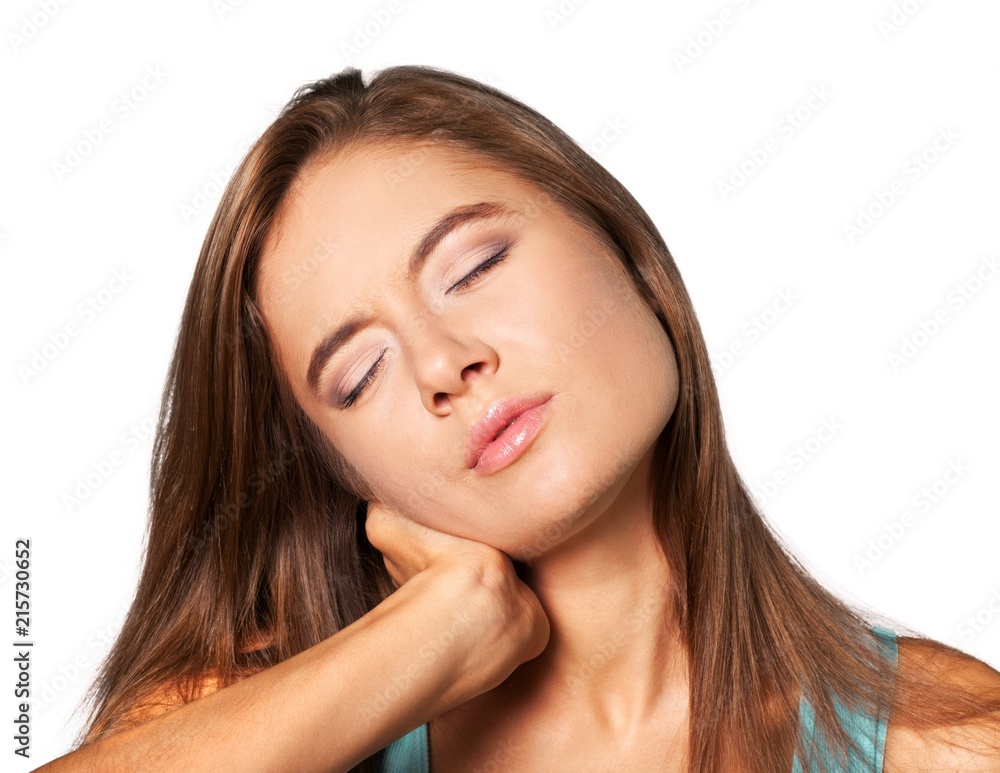 Woman suffering from neck pain isolated on white Woman suffering from neck pain isolated on white