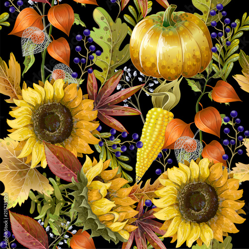 Seamless pattern with autumn yellow leaves, sunflowers and pumpkins. Vector illustration.