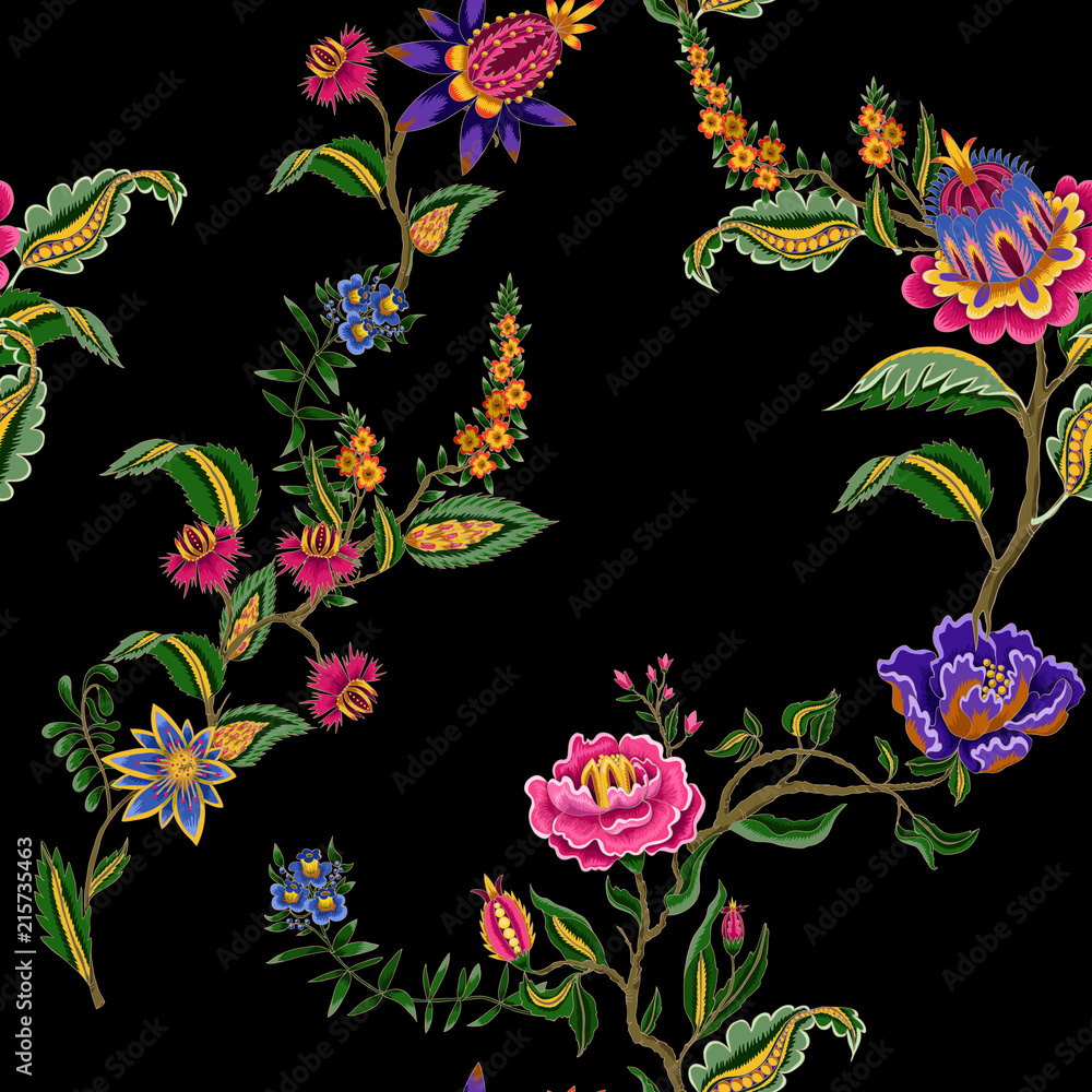 Seamless pattern with Indian ethnic ornament elements. Folk flowers and leaves for print or embroidery. Vector illustration.
