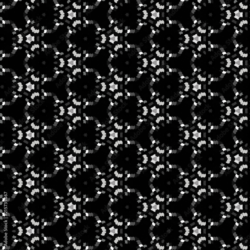 Black and white repeating pattern of polygons and triangles in symmetrical design for textile, fabric, backgrounds, backdrops and elegant surface designs. pattern tile included in theAi. file