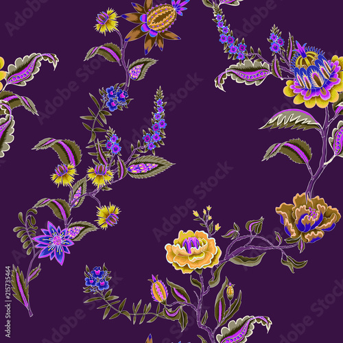 Fototapeta Naklejka Na Ścianę i Meble -  Seamless pattern with Indian ethnic ornament elements. Folk flowers and leaves for print or embroidery. Vector illustration.