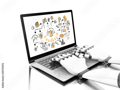 3d illustration. Robotic hands typing on a laptop with business sketch