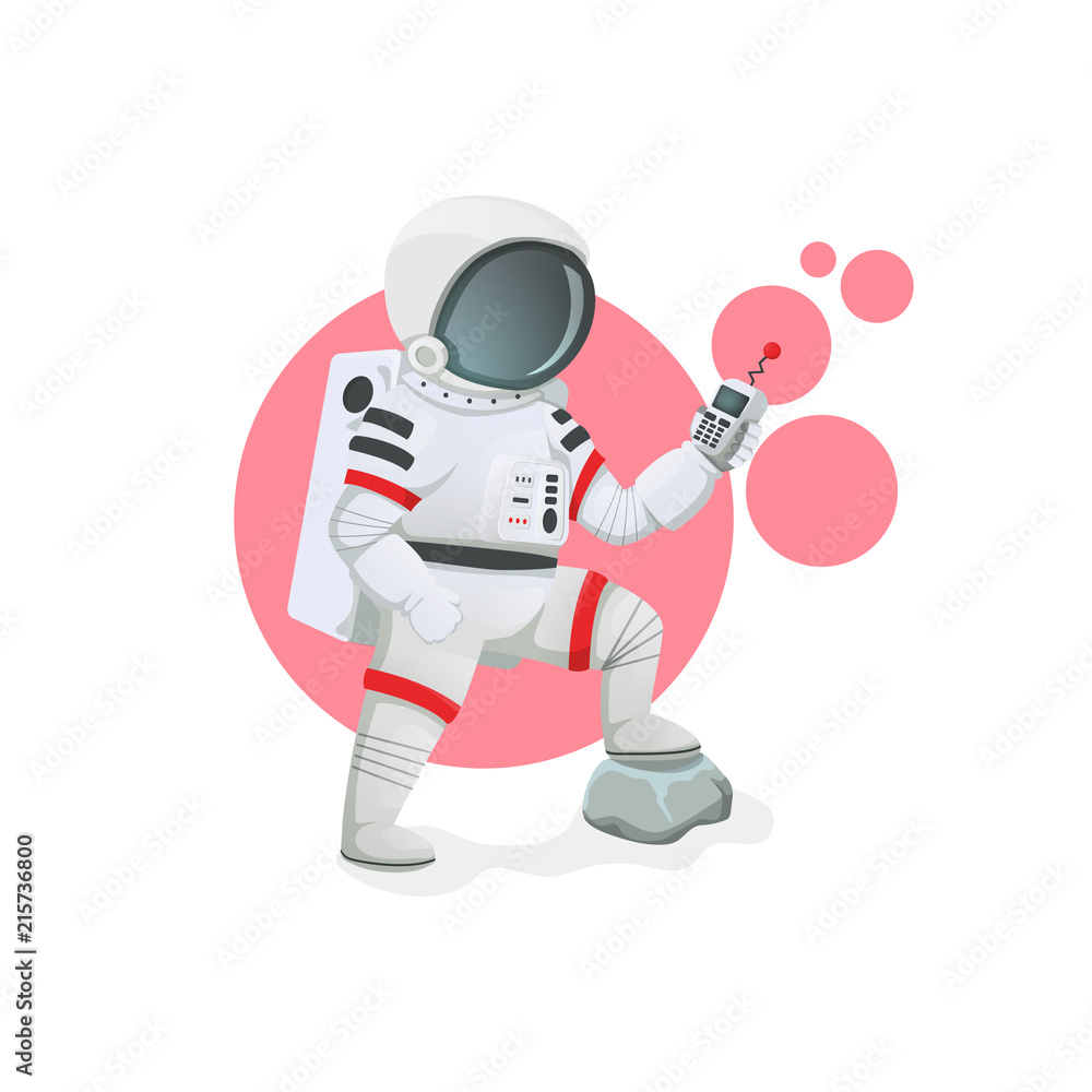 Astronaut with communication, gps, scanner, remote controle device with one foot on a rock. Space icon.