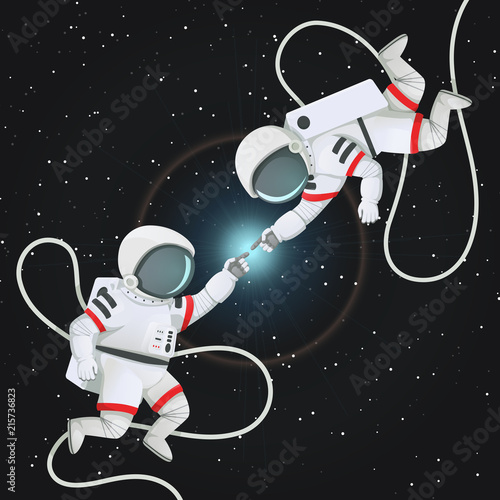 Two astronauts with tethers reaching to each other in space. Romantic scene, connection.