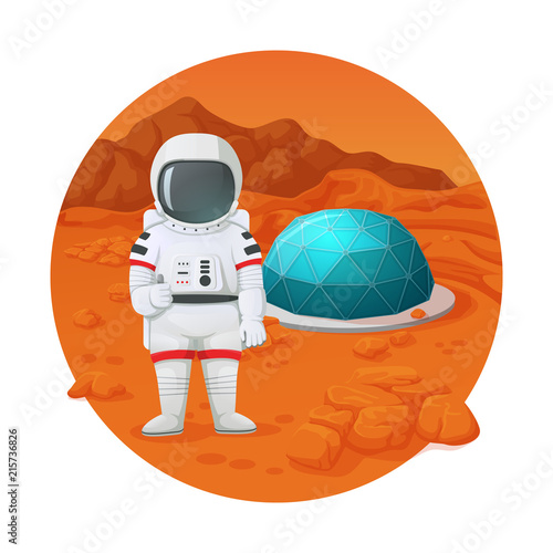 Colonization of mars. Astronaut making thumbs up gesture standing on the mars surface near settlement with protective dome.