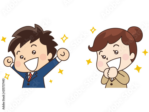 喜ぶスーツの男性と女性