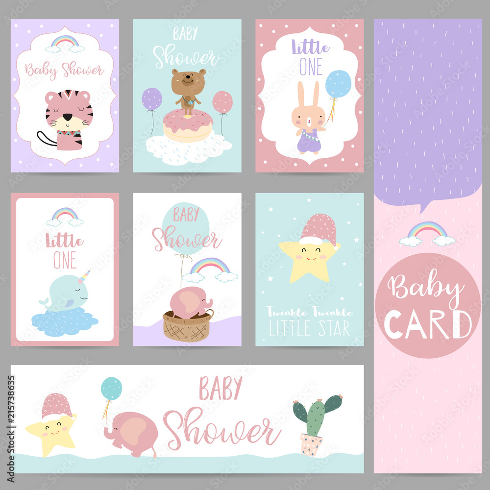 Pink blue violet pastel greeting card with skunk,star,bear,balloon,narwhal,elephant,cactus,cloud and basket Pink blue violet pastel greeting card with skunk,star,bear,balloon,narwhal,elephant,cactus,cloud and basket