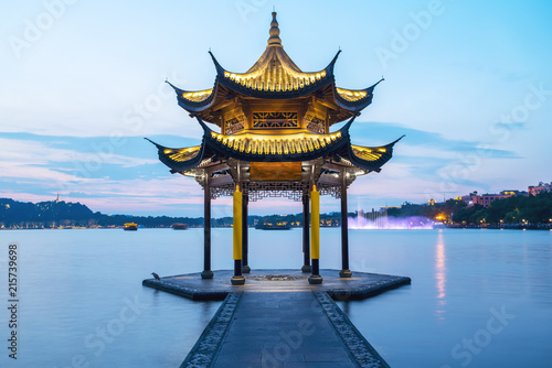 Night scenery of ancient architectural landscape in West Lake, Hangzhou