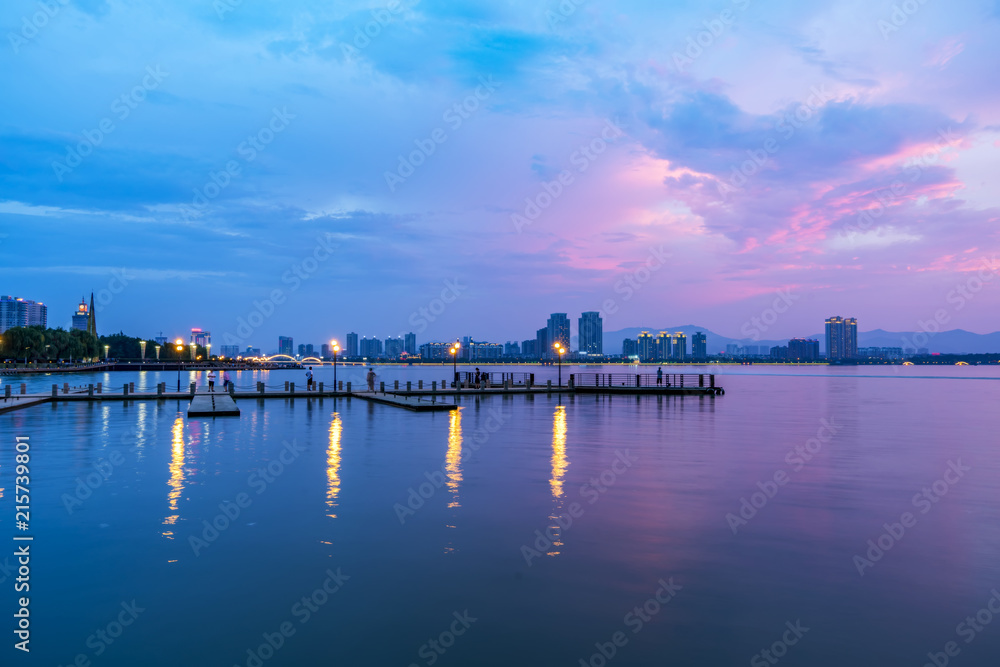 The beautiful lake wharf and the sky in Yixing, China