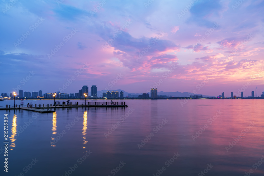 The beautiful lake wharf and the sky in Yixing, China