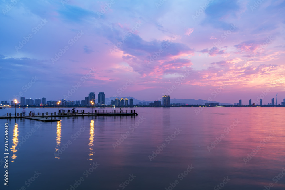 The beautiful lake wharf and the sky in Yixing, China The beautiful lake wharf and the sky in Yixing, China