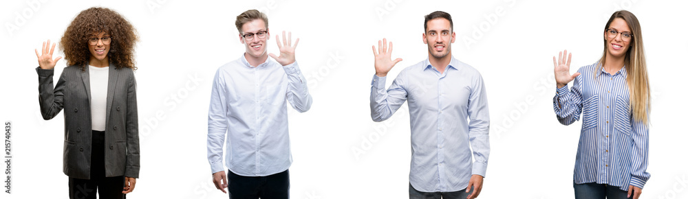 Team of business men and women showing and pointing up with fingers number five while smiling confident and happy. Team of business men and women showing and pointing up with fingers number five while smiling confident and happy.