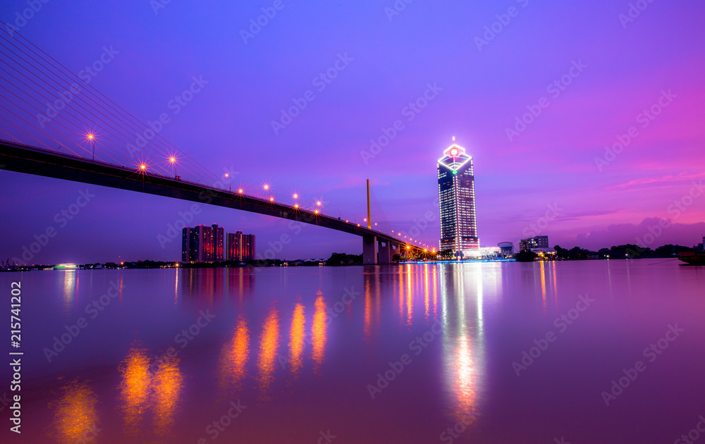 Bangkok: 14 September 2017, Twilight Evening, Chao Phraya River (Rama IX Bridge) is beautiful in nature. Popular people exercising or doing activities together, Thailand