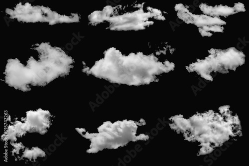 Set of clouds white fluffy on isolated elements black background.