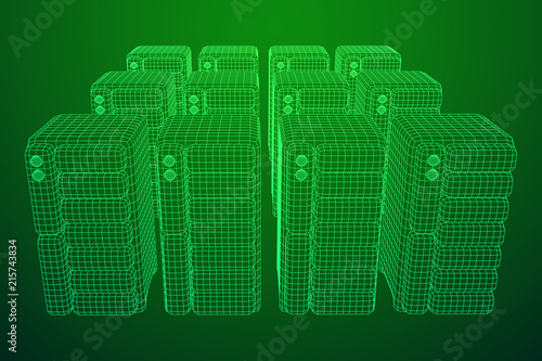 Hardware equipment telecommunication server. Data center storage room object. Computer database tower. Internet industry cluster. Wireframe low poly mesh vector illustration