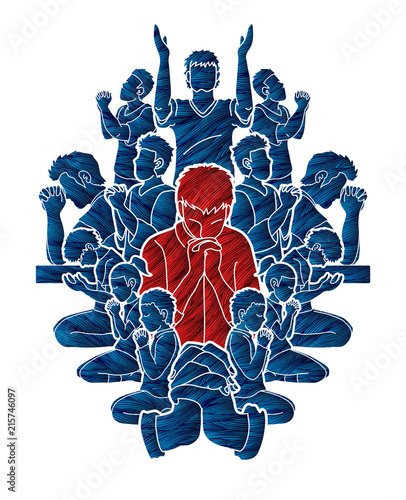 Group of Prayer, Christian praying together cartoon graphic vector