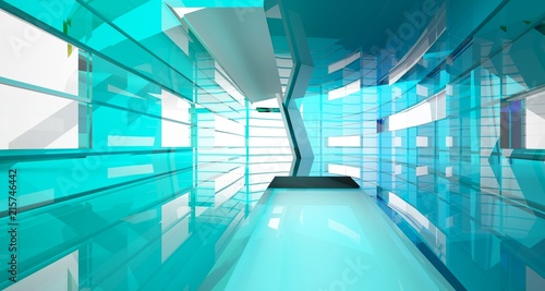 Abstract white and colored gradient glasses interior multilevel public space with window. 3D illustration and rendering.