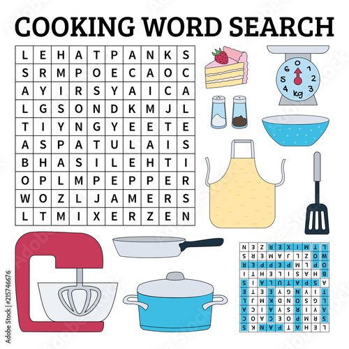 Cooking word search game for kids. Vector illustration for learning English