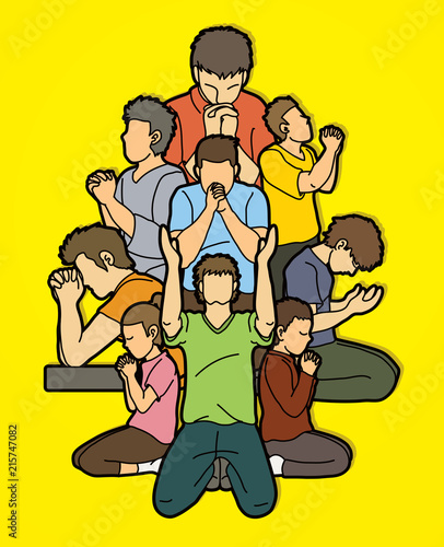 Group of Prayer, Christian praying together cartoon graphic vector