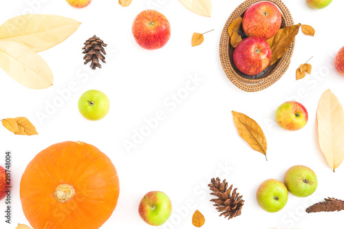 Thanksgiving autumn frame made of fall dried leaves  pine cones  apples and pumpkin on white background. Flat lay  top view