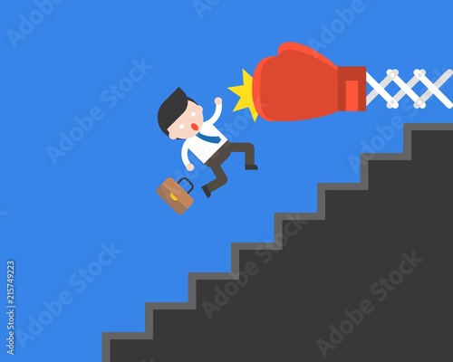 Big boxing glove punching Cute businessman fall from stairs, business situation in flat design, fired employee, failure or unfair competition concept