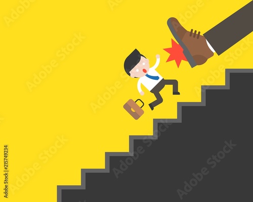 Big foot kicking Cute businessman fall from stairs, business situation in flat design, fired employee, failure or unfair competition concept