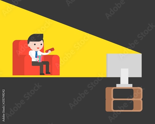 cute businessman watching tv in dark room at red sofe, flat design illustration