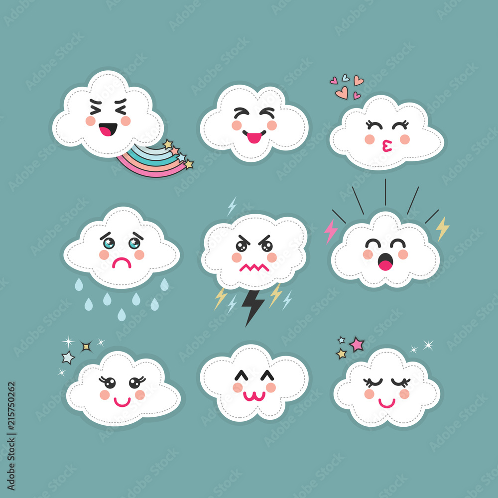 Cute abstract clouds Kawaii emoji icons set with different faces and expressions on blue teal sky background