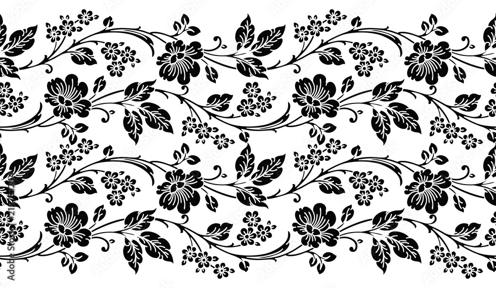Seamless vector black and white floral border Stock Vector | Adobe Stock