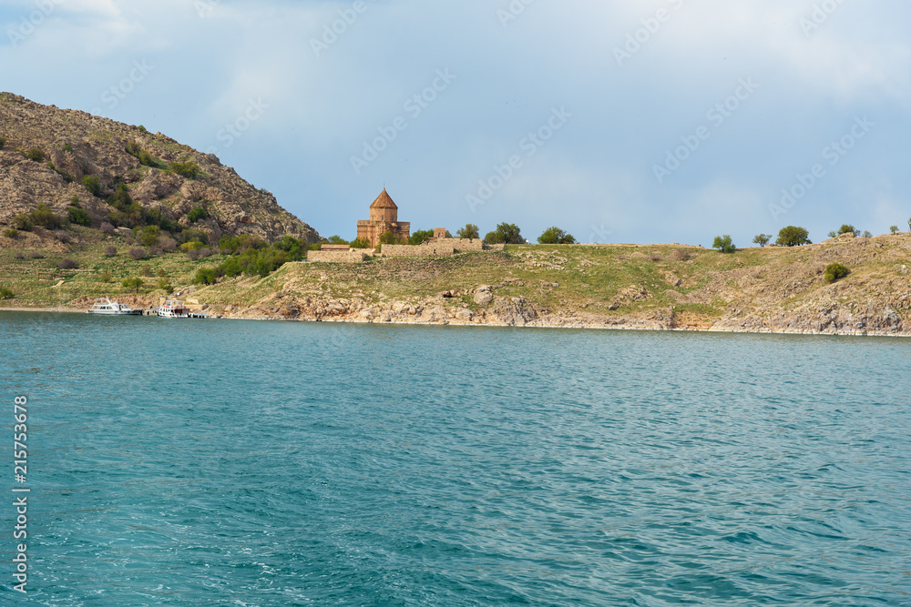 Akdamar Island with Armenian Cathedral Church of Holy Cross in Van Lake. Turkey