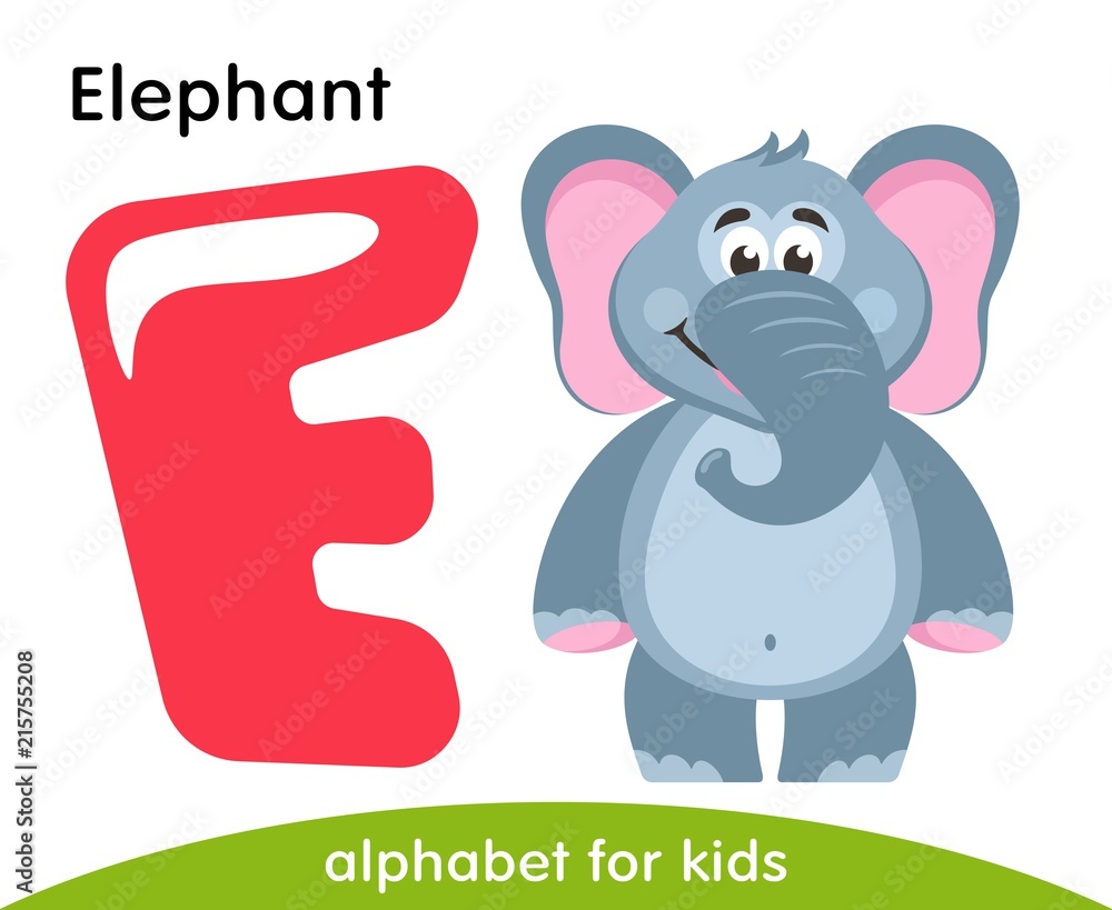 Pink letter E and gray Elephant. English alphabet with animals. Cartoon  characters isolated on white background. Flat design. Zoo theme. Colorful  vector illustration for kids. Stock Vector | Adobe Stock