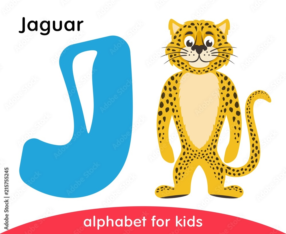 Blue letter J and yellow Jaguar. English alphabet with animals. Cartoon ...