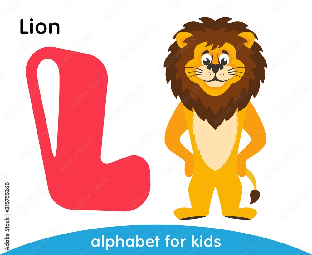 Pink letter L and a yellow Lion with a brown mane. English alphabet with  animals. Cartoon characters isolated on white background. Flat design. Zoo  theme. Colorful vector illustration for kids. Stock Vector |