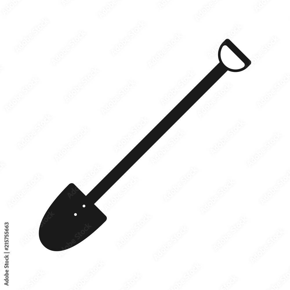 Black shovel icon, spade. Garden tool, on the white background. Flat design. Vector.