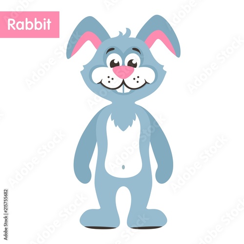Cute blue rabbit (hare) with pink nose. Funny cartoon character on white background. Flat design. Isolated object. Colorful vector illustration for kids.