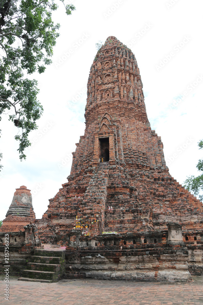 The Main Phra Prang or pagoda in the ruins of ancient remains at Wat Worachet temple, it built in 1593 AD in the Ayutthaya period.