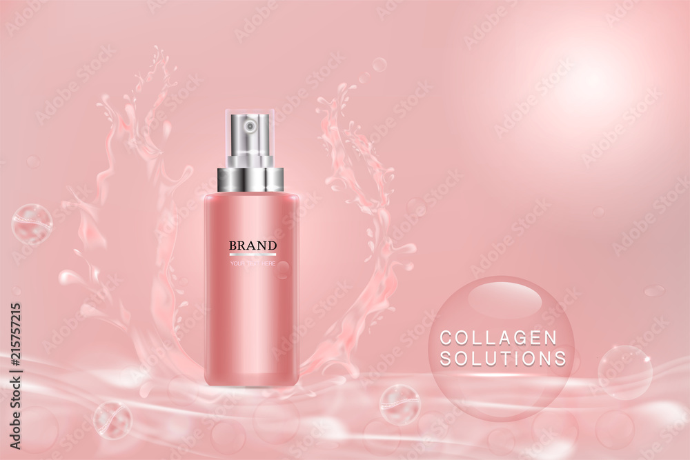 Beauty product, pink cosmetic container with advertising background ready to use, water splash luxury skin care ad, illustration vector.