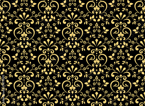 Wallpaper in the style of Baroque. Seamless vector background. Gold and black floral ornament. Graphic pattern for fabric, wallpaper, packaging. Ornate Damask flower ornament