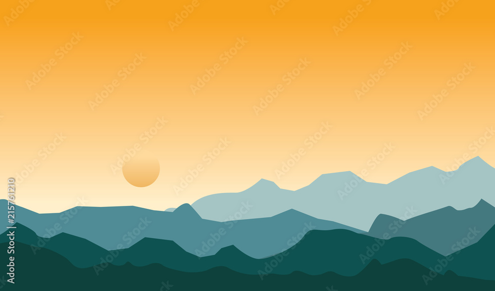 Morning Sunrise with Hill Mountain Landscape Illustration