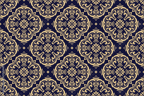 Wallpaper in the style of Baroque. Seamless vector background. Dark blue and gold floral ornament. Graphic pattern for fabric, wallpaper, packaging. Ornate Damask flower ornament