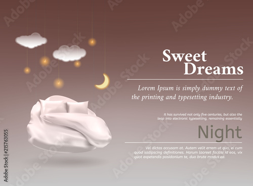 Vector illustration with realistic 3D pastel, blanket, pillow for best sleep, comfortable sleep.