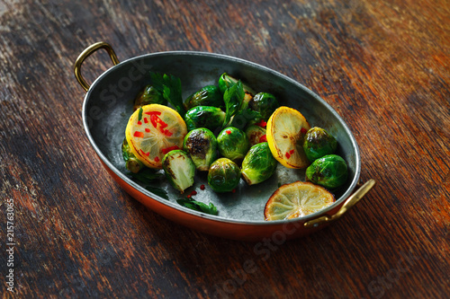 Fried broccoli served frying pan wooden table Healthy Vegetarian Food
