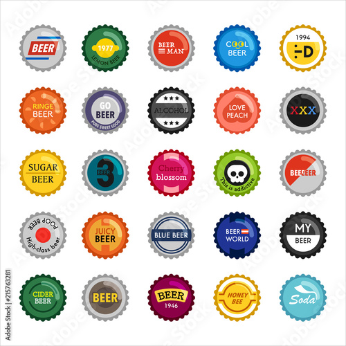 various design of beer bottle cap. flat design style vector graphic illustration set