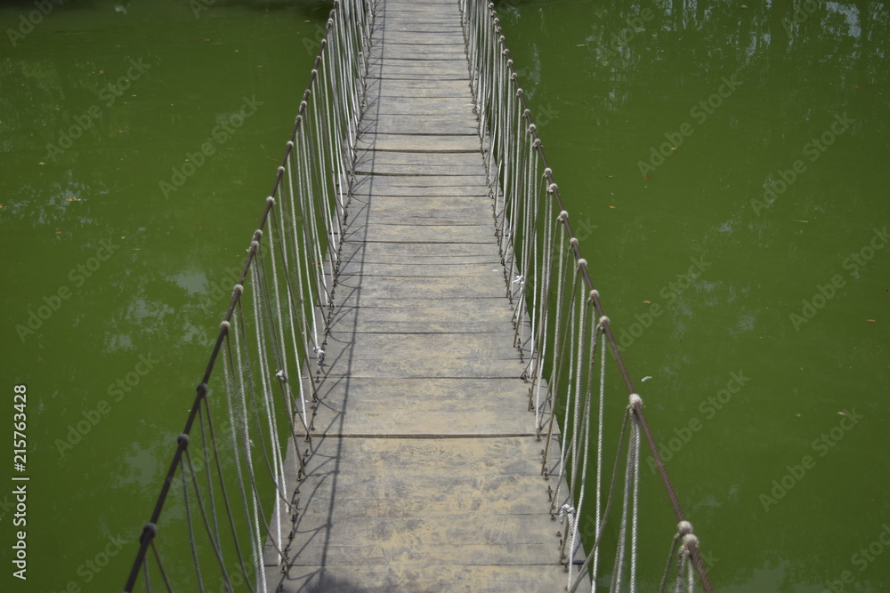 Obraz premium bridge made of wood and rope over a green water body
