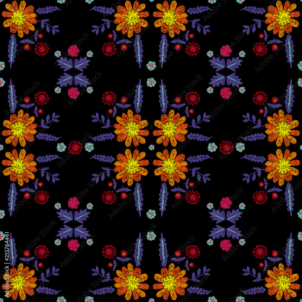 Embroidery seamless pattern in boho chic style. Vector embroidered floral patch for fabric design. Embroidery seamless pattern in boho chic style. Vector embroidered floral patch for fabric design.